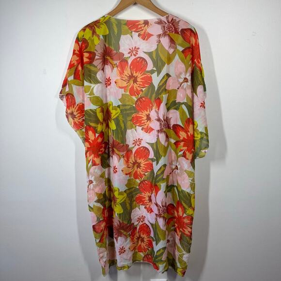Tropical Kimono Women OS Orange Green Hawaiian Floral Short Sleeve Beach Pool - Picture 2 of 5